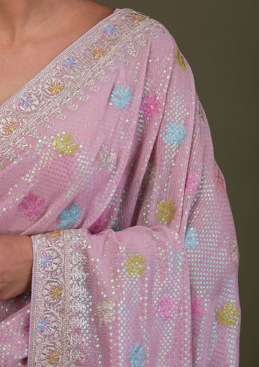 Lavender Georgette Silver Zariwork Saree With Matching Blouse Piece