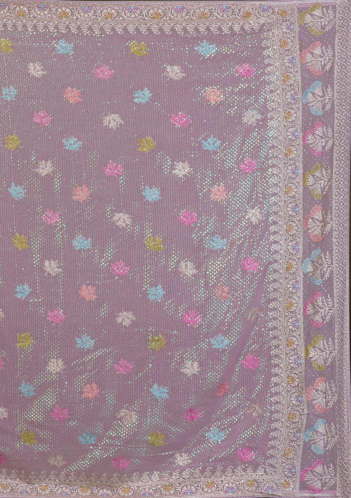 Lavender Georgette Silver Zariwork Saree With Matching Blouse Piece