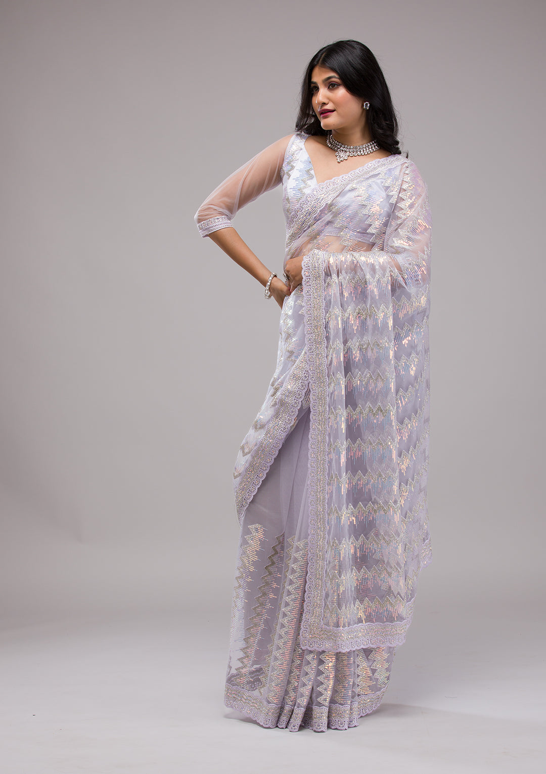 Lavender Sequins Net Saree