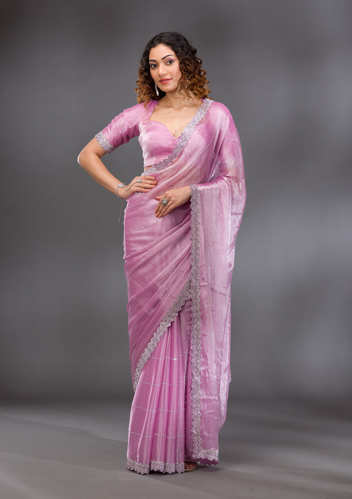 Lavender Organza Silver Stonework Saree With Matching Blouse Piece