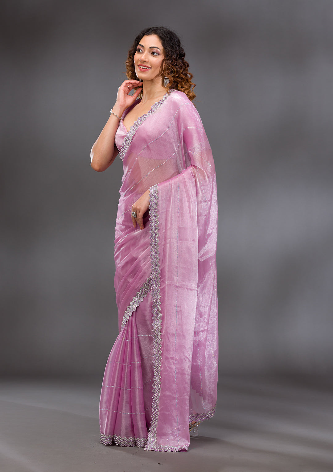 Lavender Organza Silver Stonework Saree With Matching Blouse Piece