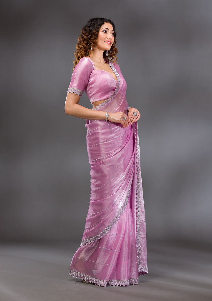 Lavender Organza Silver Stonework Saree With Matching Blouse Piece