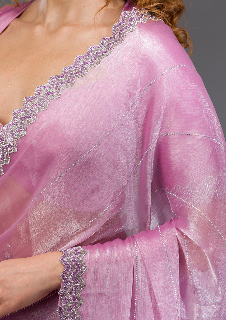 Lavender Organza Silver Stonework Saree With Matching Blouse Piece