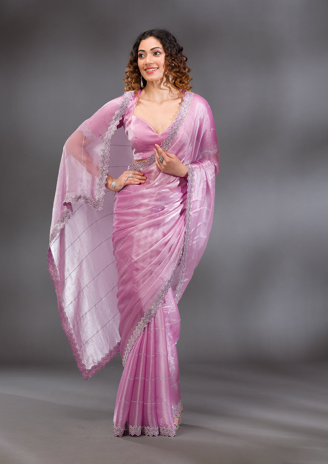Lavender Organza Silver Stonework Saree With Matching Blouse Piece