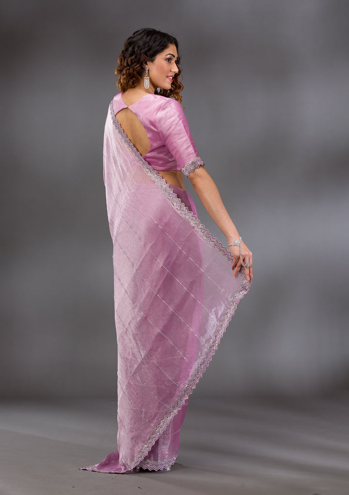 Lavender Organza Silver Stonework Saree With Matching Blouse Piece