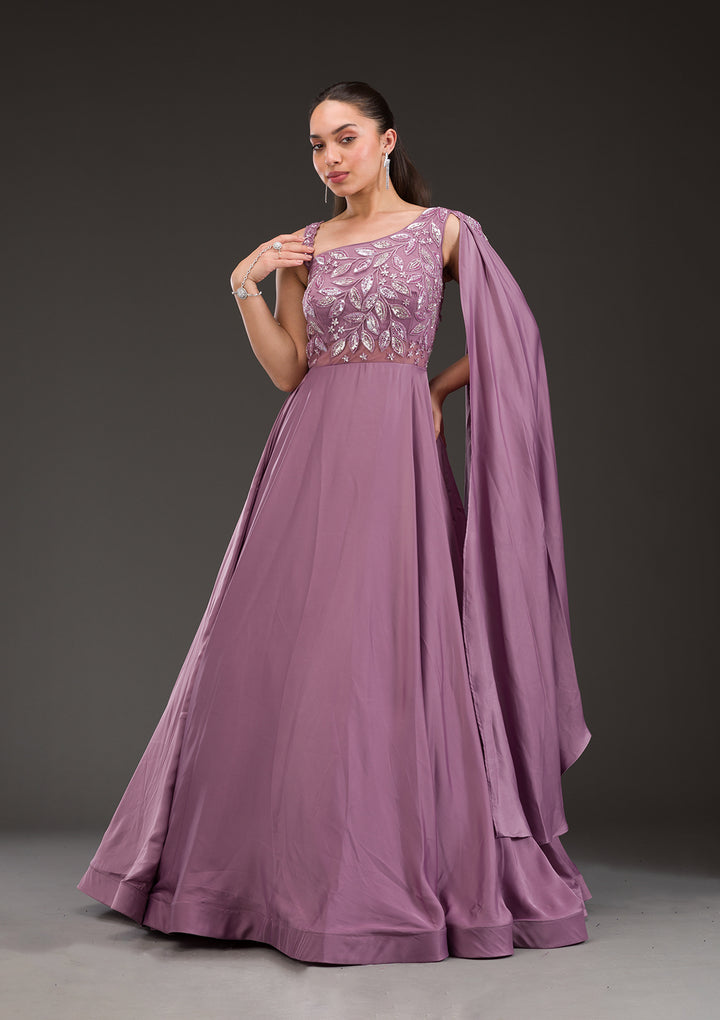 Koskii Satin Lilac Gown – Embellished Elegance for Evening Wear
