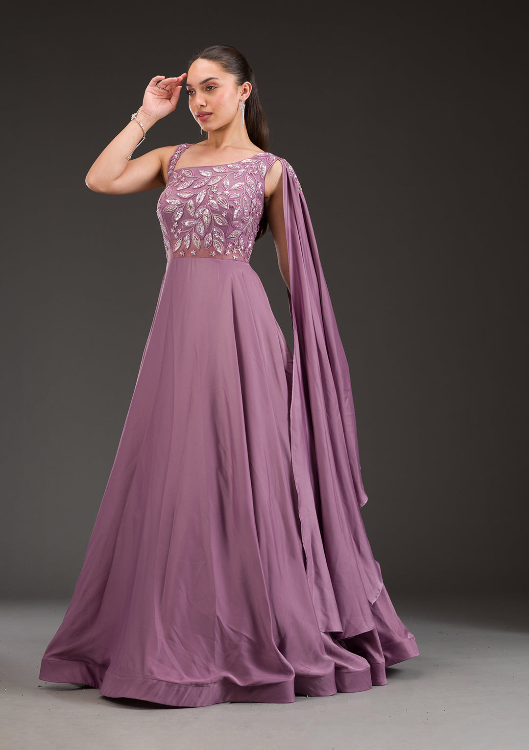 Koskii Satin Lilac Gown – Embellished Elegance for Evening Wear