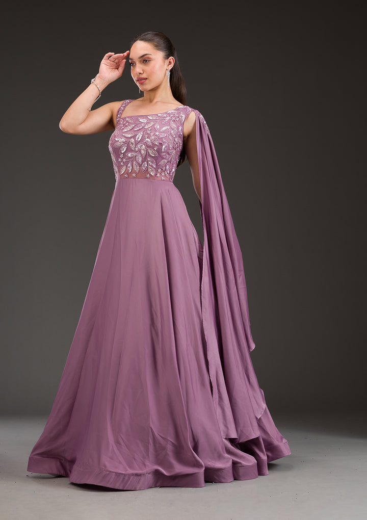 Koskii Satin Lilac Gown – Embellished Elegance for Evening Wear
