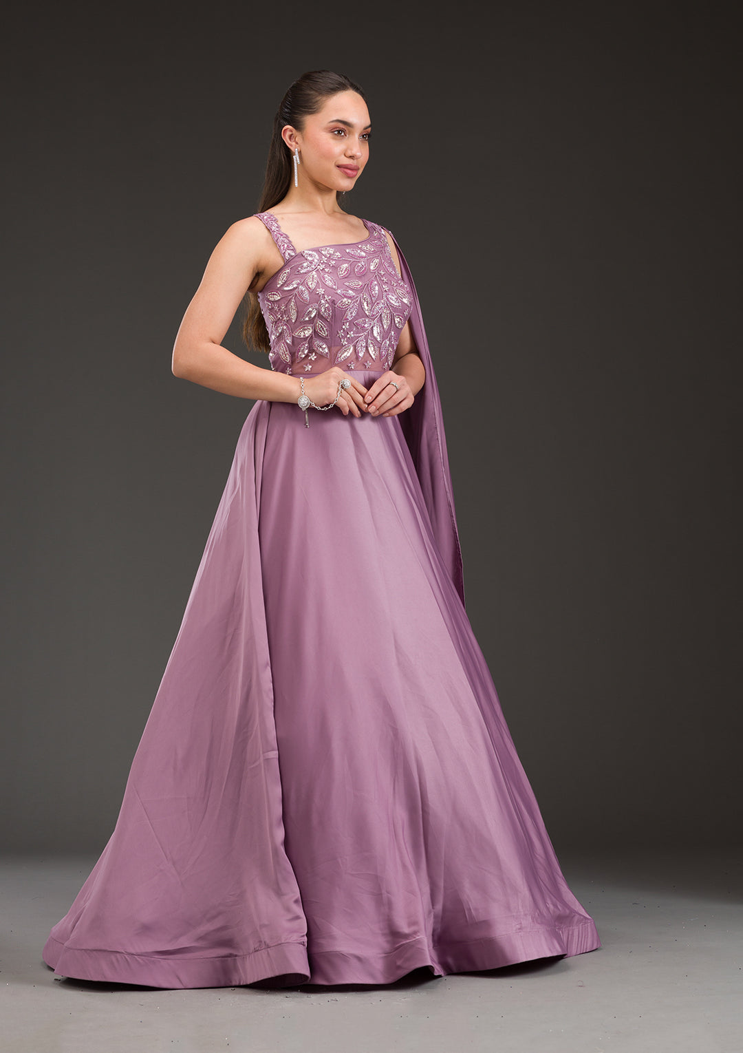 Koskii Satin Lilac Gown – Embellished Elegance for Evening Wear
