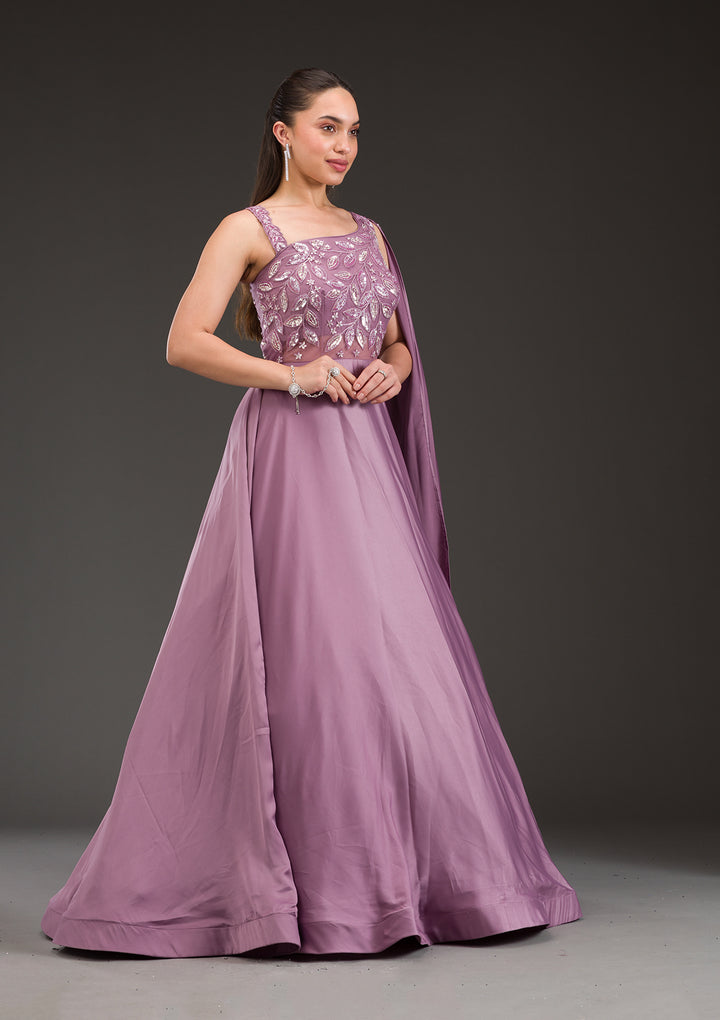 Koskii Satin Lilac Gown – Embellished Elegance for Evening Wear