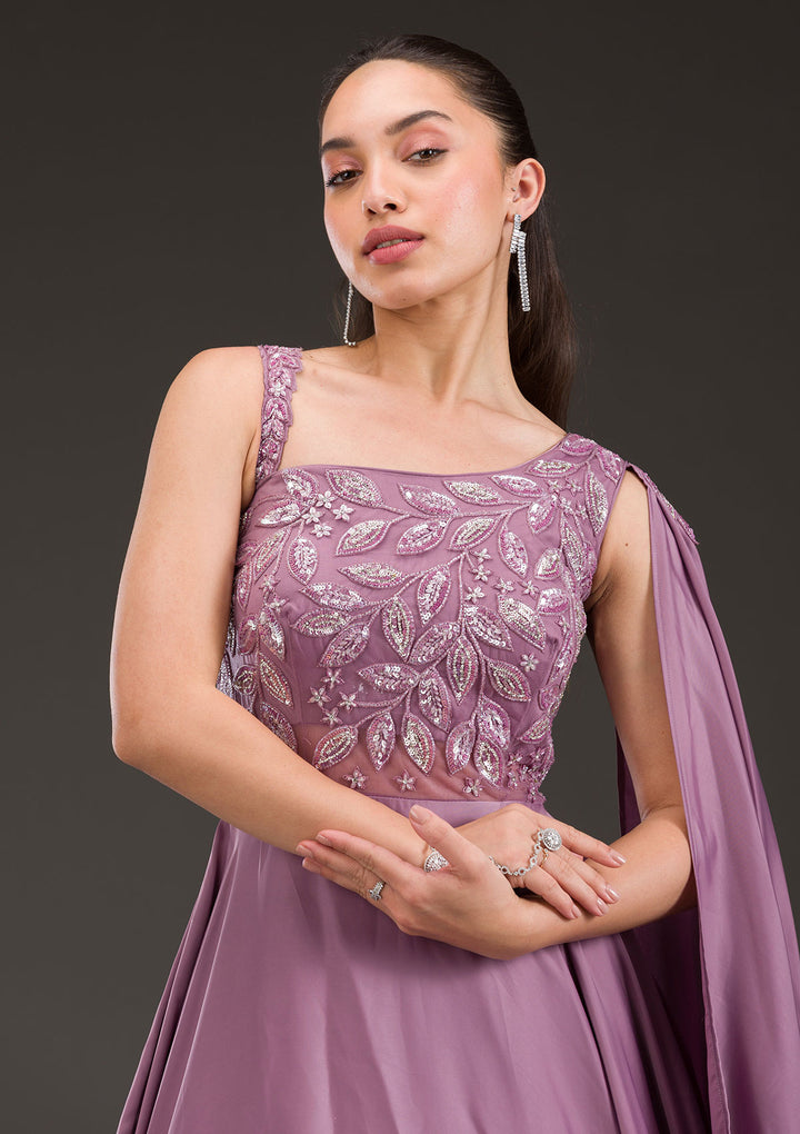 Koskii Satin Lilac Gown – Embellished Elegance for Evening Wear