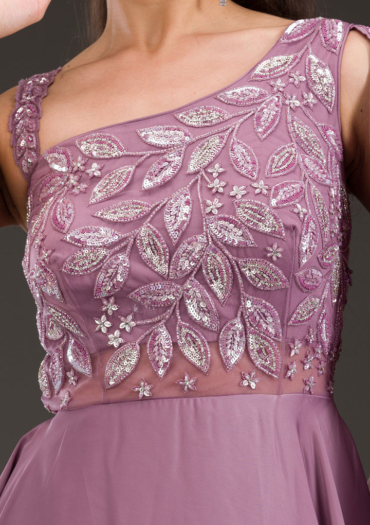 Koskii Satin Lilac Gown – Embellished Elegance for Evening Wear