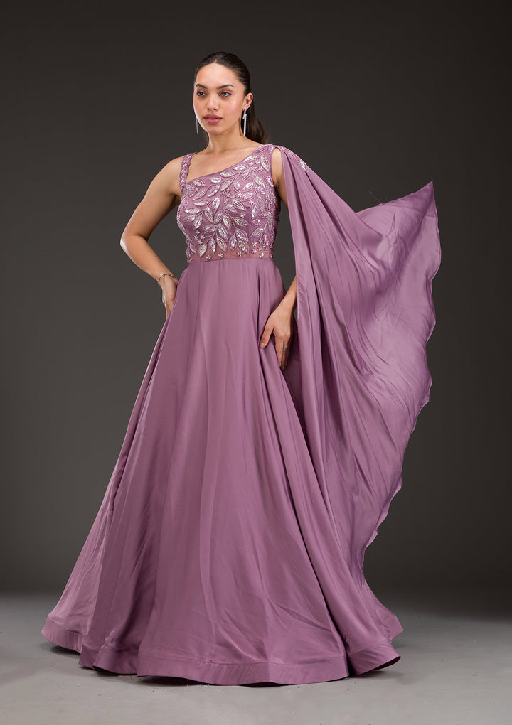 Koskii Satin Lilac Gown – Embellished Elegance for Evening Wear