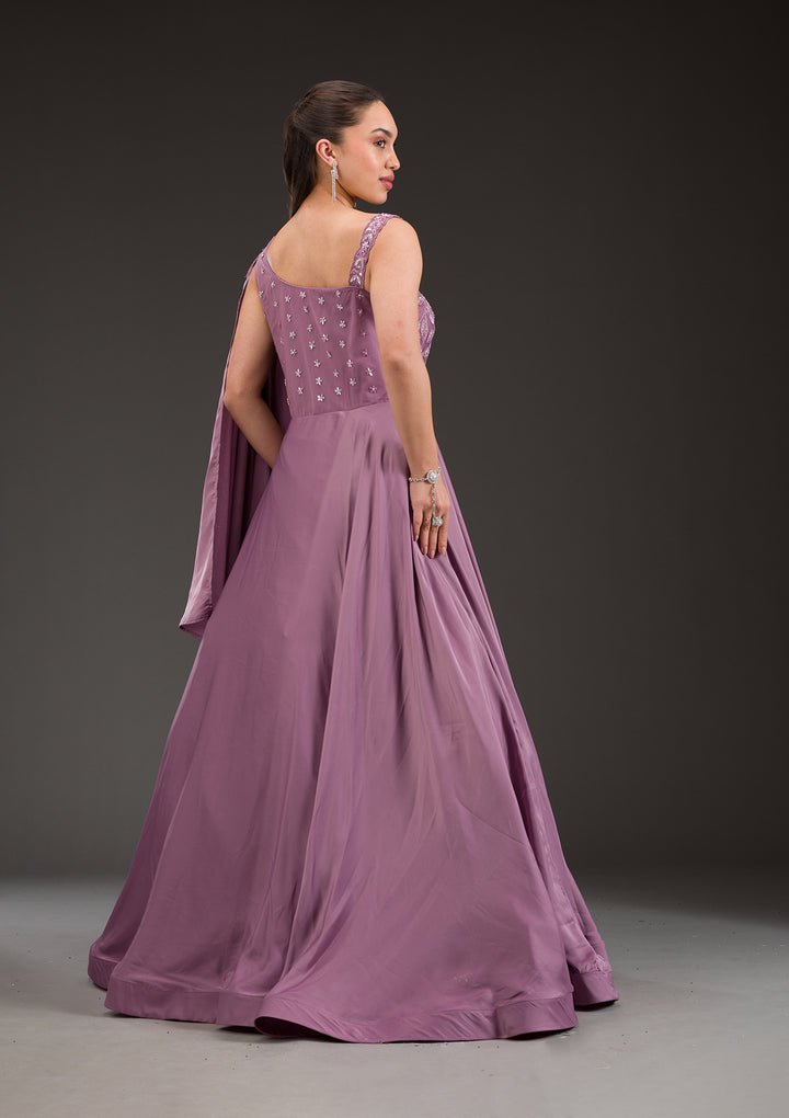 Koskii Satin Lilac Gown – Embellished Elegance for Evening Wear