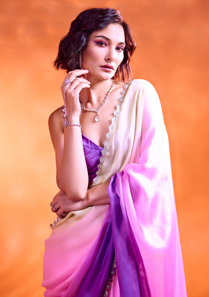 Lavender Satin Silver Stonework Saree With Matching Blouse Piece
