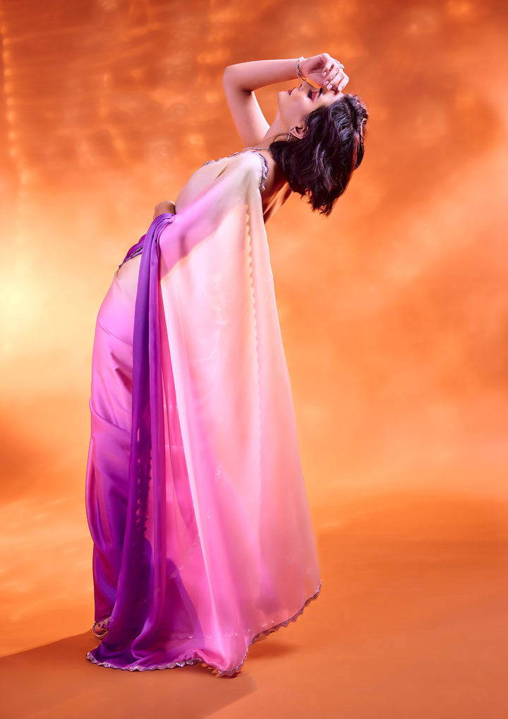 Lavender Satin Silver Stonework Saree With Matching Blouse Piece