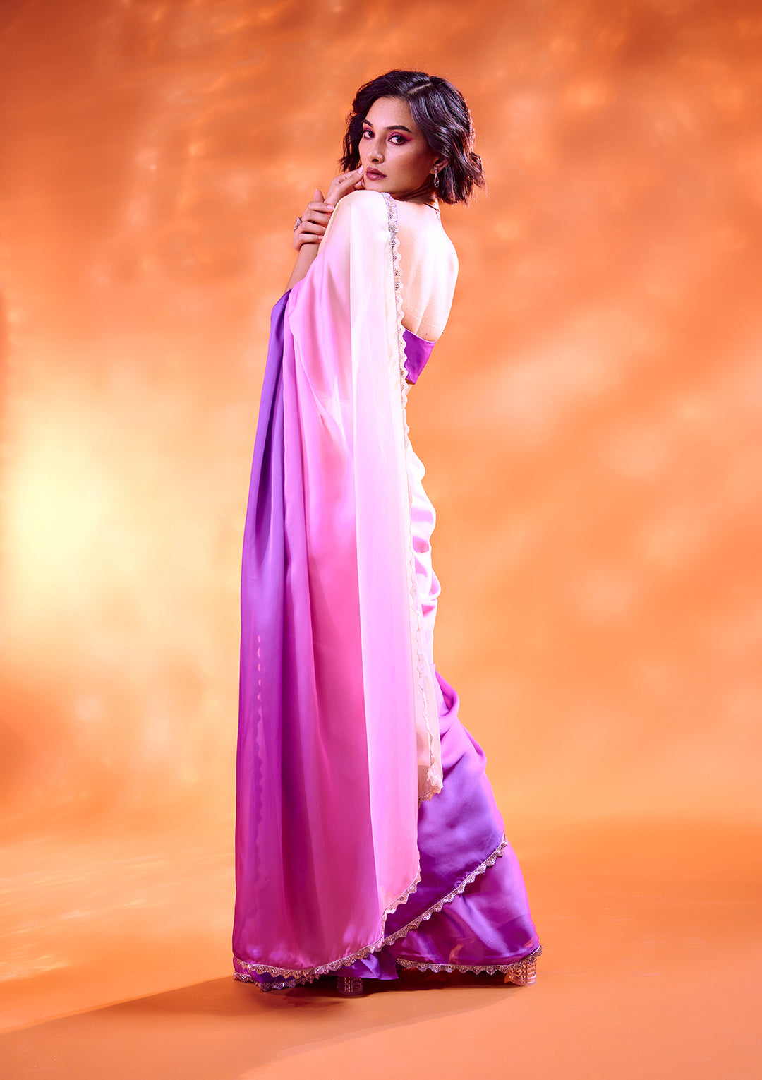 Lavender Satin Silver Stonework Saree With Matching Blouse Piece