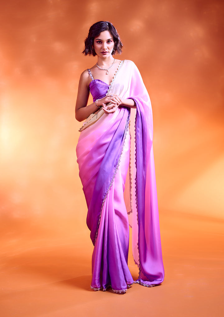 Lavender Satin Silver Stonework Saree With Matching Blouse Piece