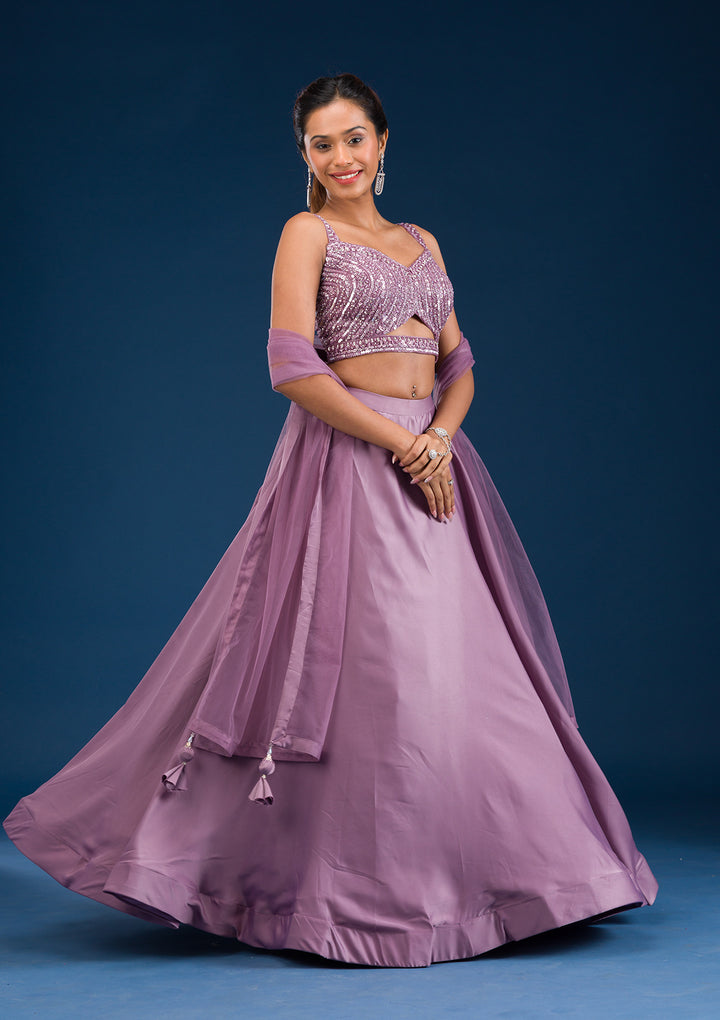 Lavender Stonework Semi Crepe Readymade Lehenga