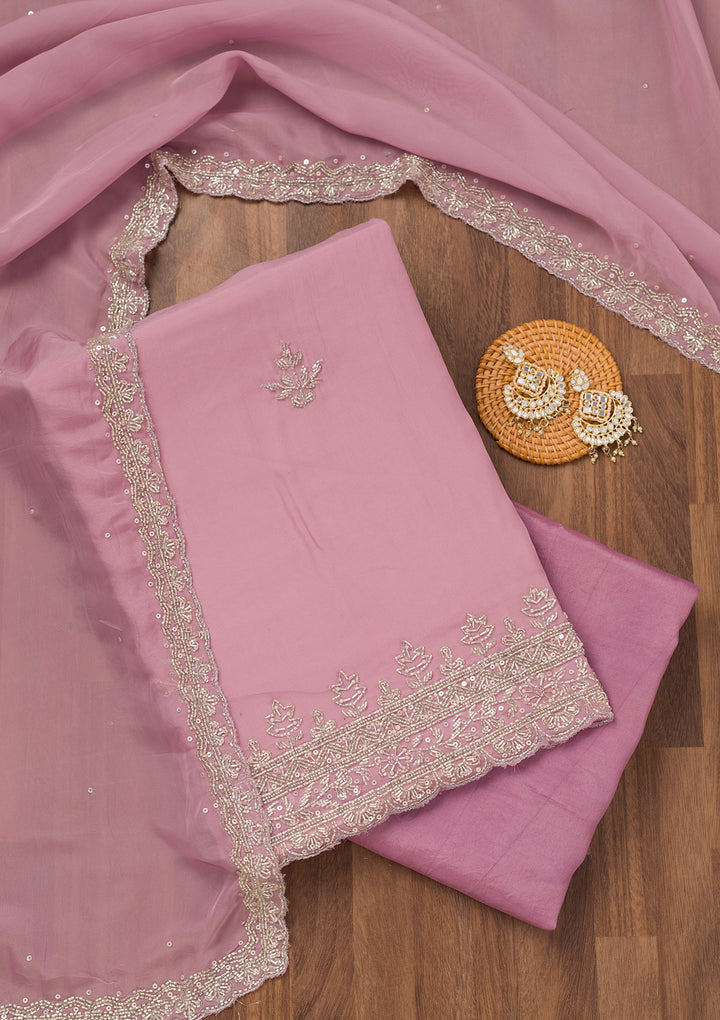 Lavender Tissue Silver Stonework Unstitched Dress Material With Matching Bottom And Dupatta