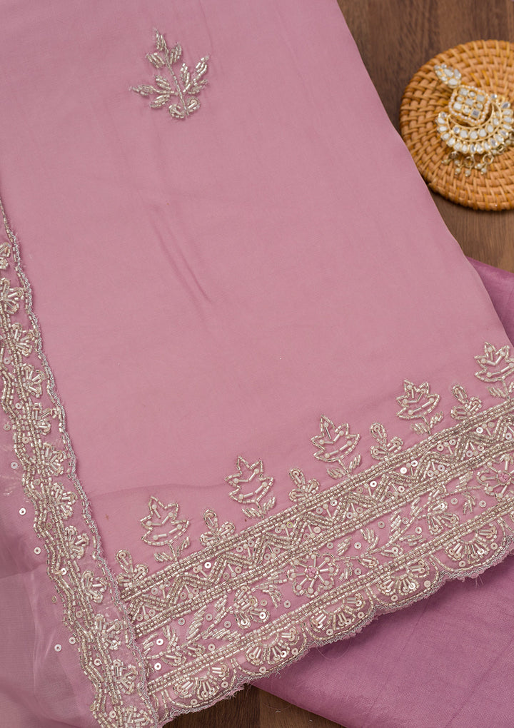 Lavender Tissue Silver Stonework Unstitched Dress Material With Matching Bottom And Dupatta