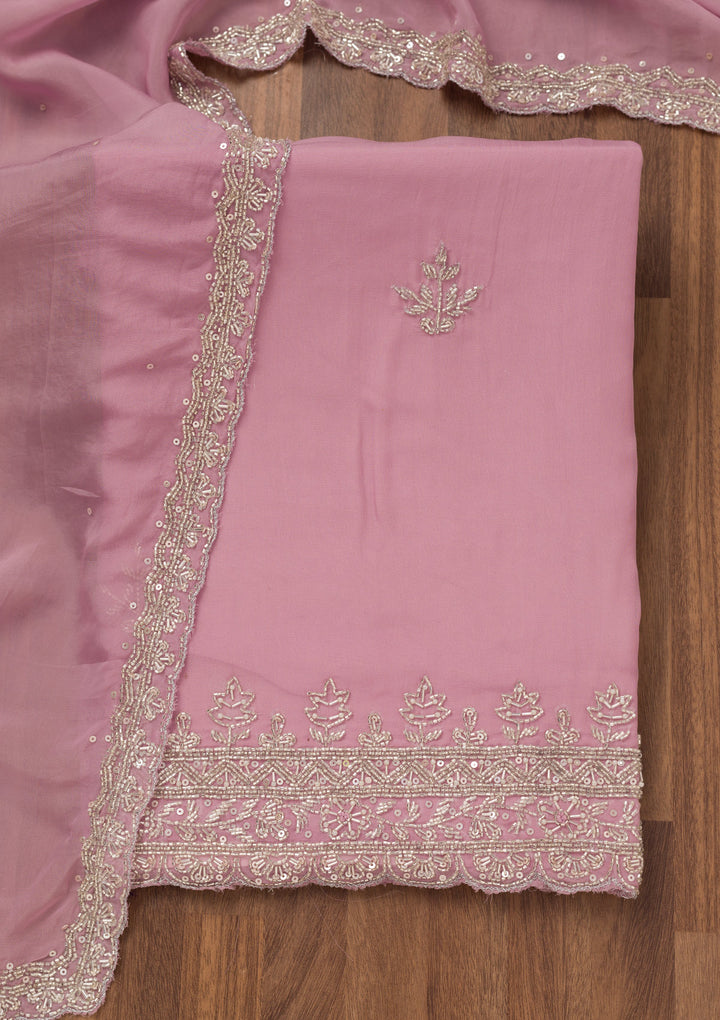 Lavender Tissue Silver Stonework Unstitched Dress Material With Matching Bottom And Dupatta