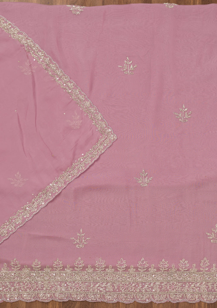 Lavender Tissue Silver Stonework Unstitched Dress Material With Matching Bottom And Dupatta