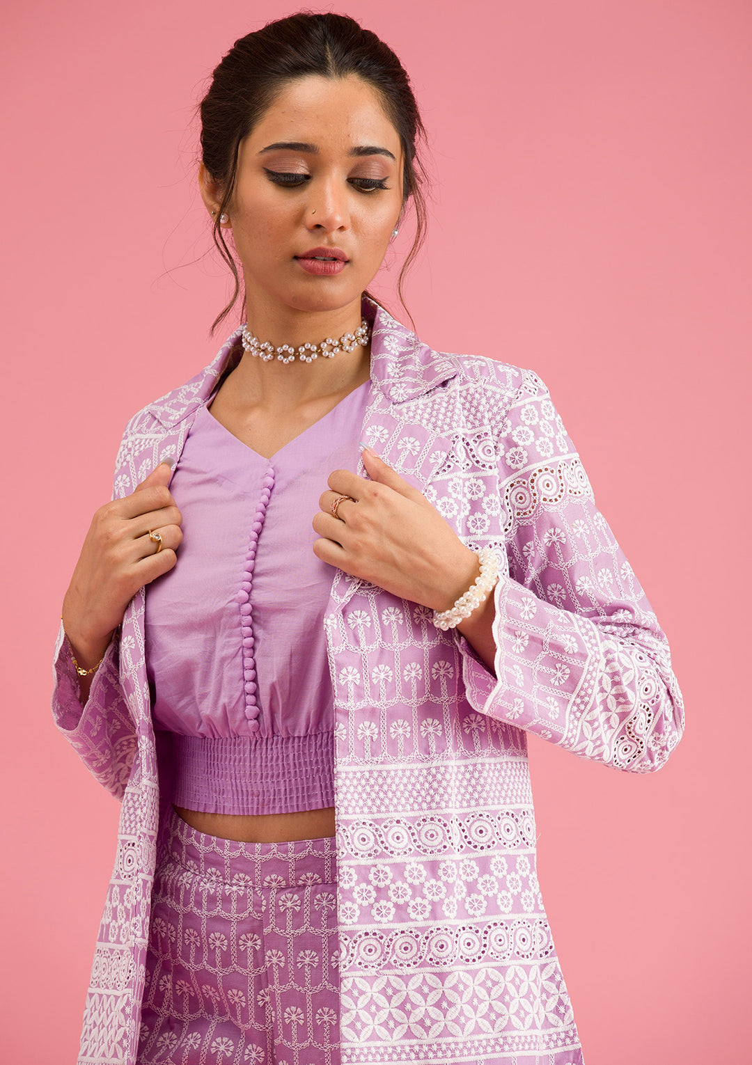 Lavender Threadwork Cotton Readymade Salwar Suit
