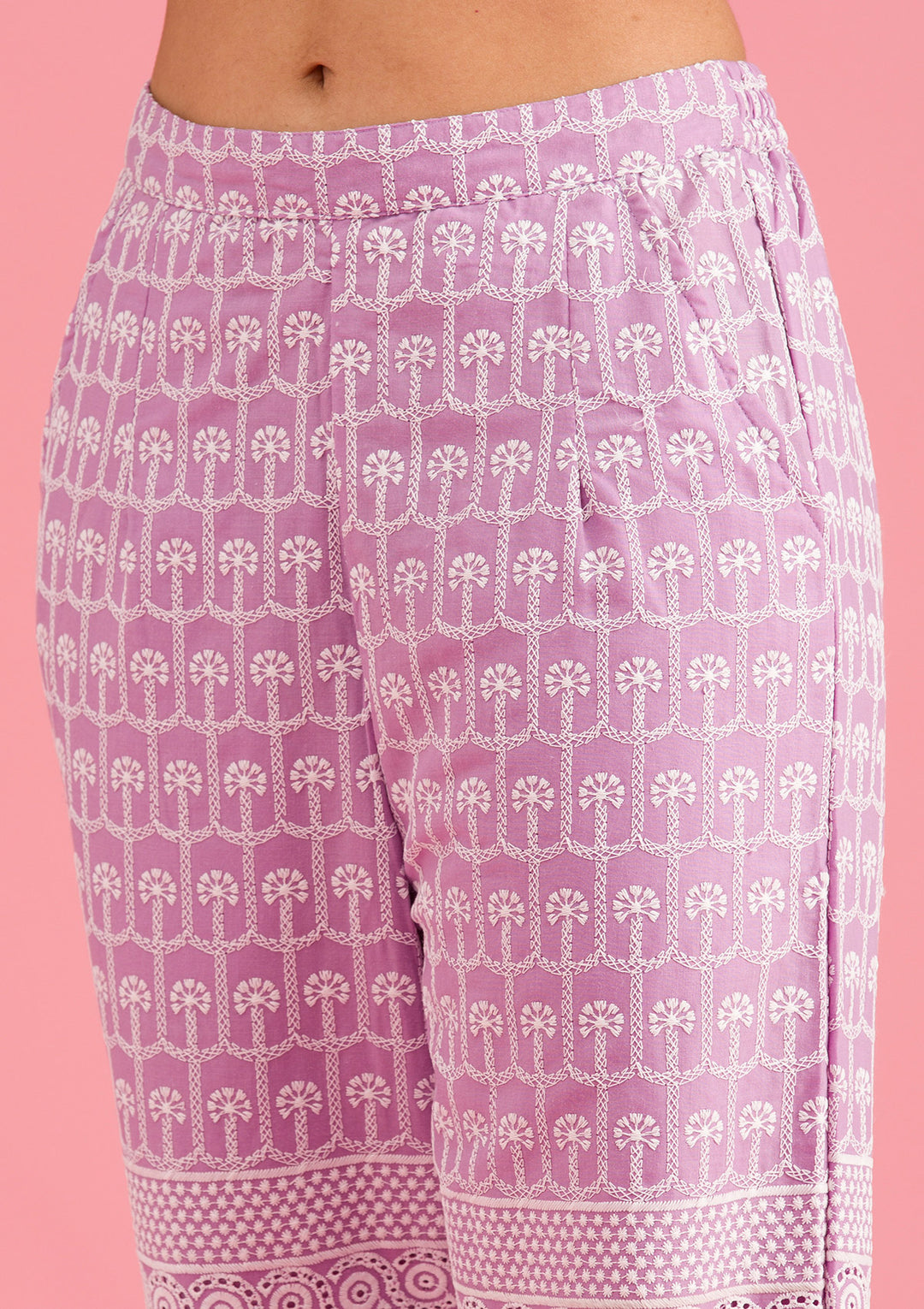 Lavender Threadwork Cotton Readymade Salwar Suit