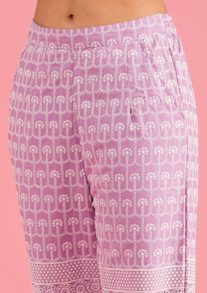 Lavender Threadwork Cotton Readymade Salwar Suit