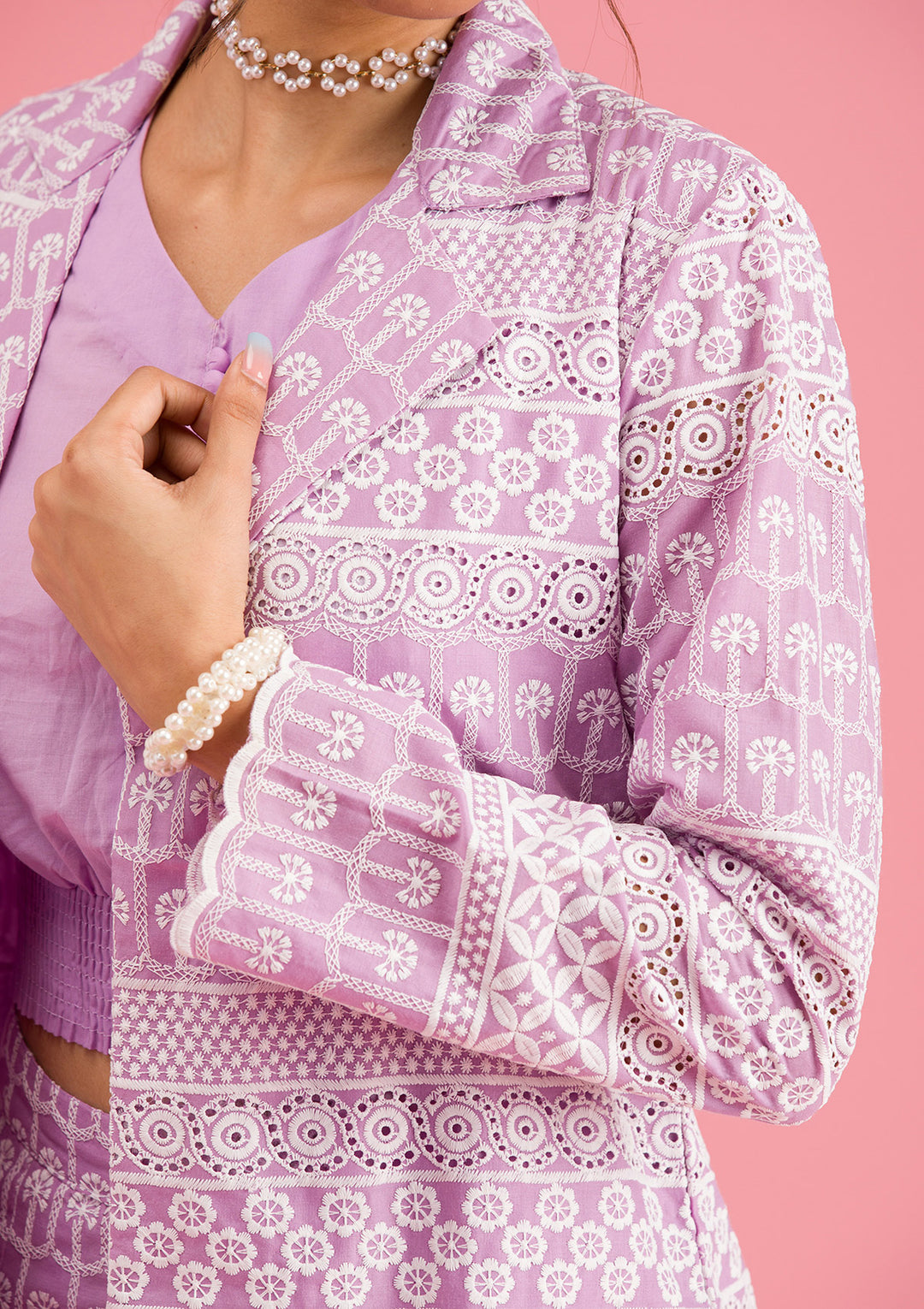 Lavender Threadwork Cotton Readymade Salwar Suit