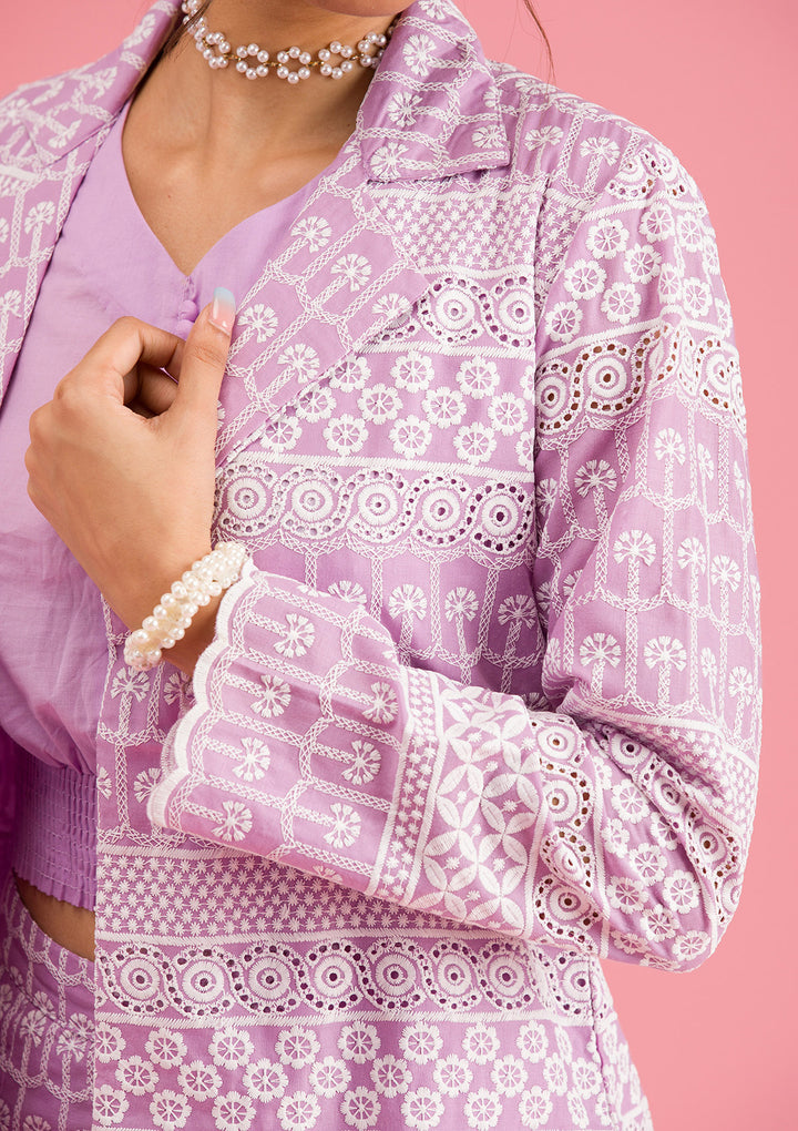 Lavender Threadwork Cotton Readymade Salwar Suit