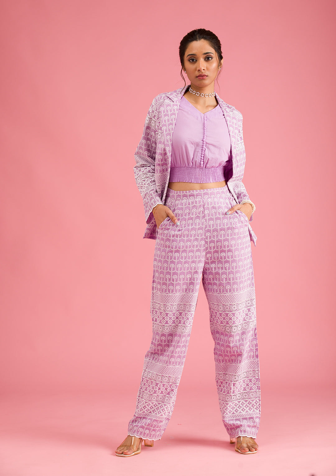 Lavender Threadwork Cotton Readymade Salwar Suit