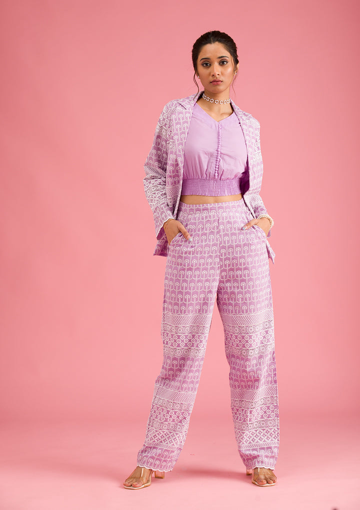 Lavender Threadwork Cotton Readymade Salwar Suit