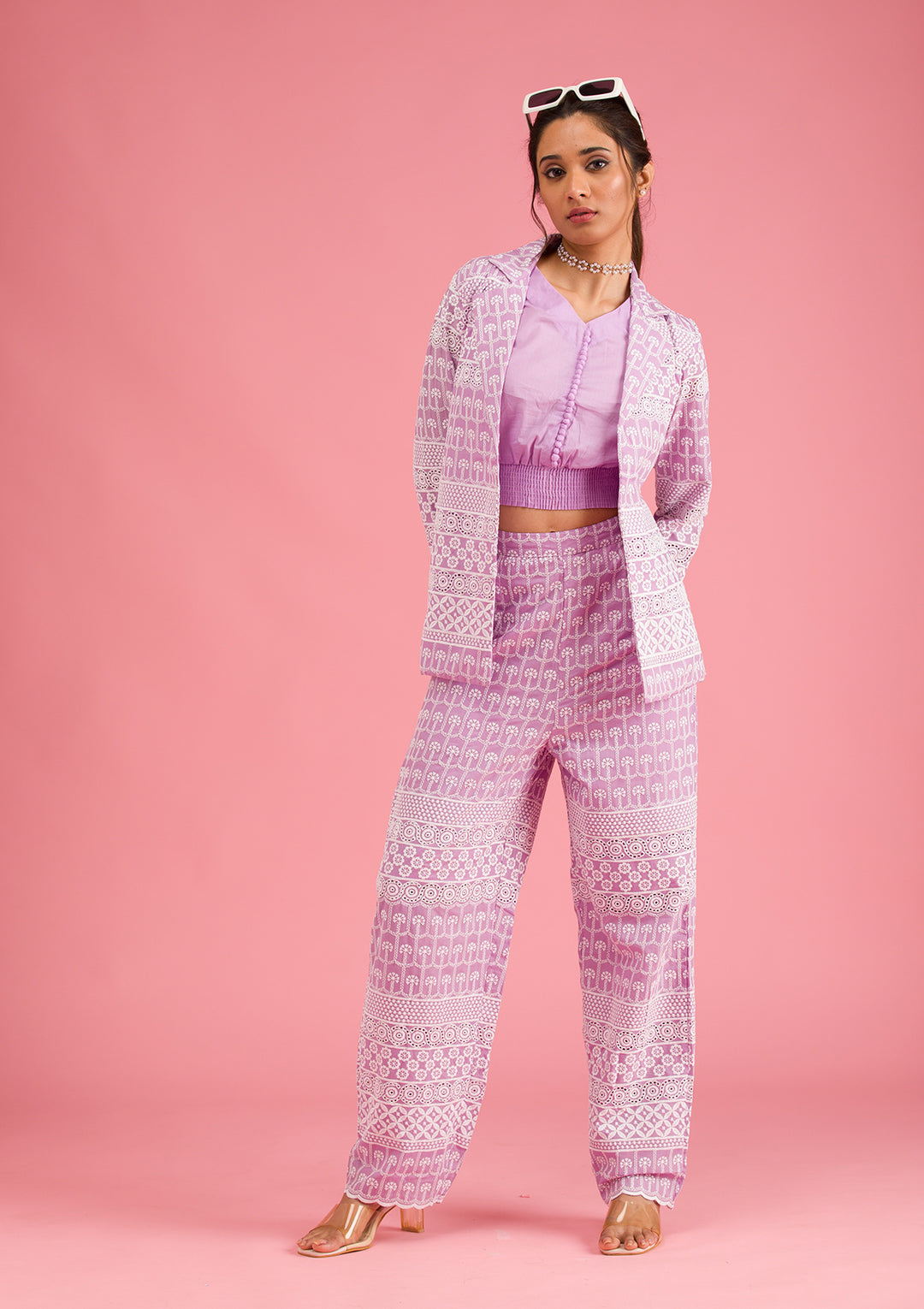 Lavender Threadwork Cotton Readymade Salwar Suit