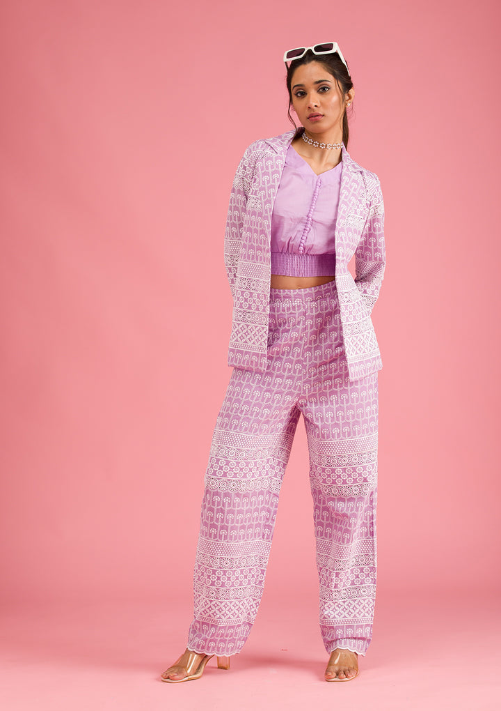 Lavender Threadwork Cotton Readymade Salwar Suit