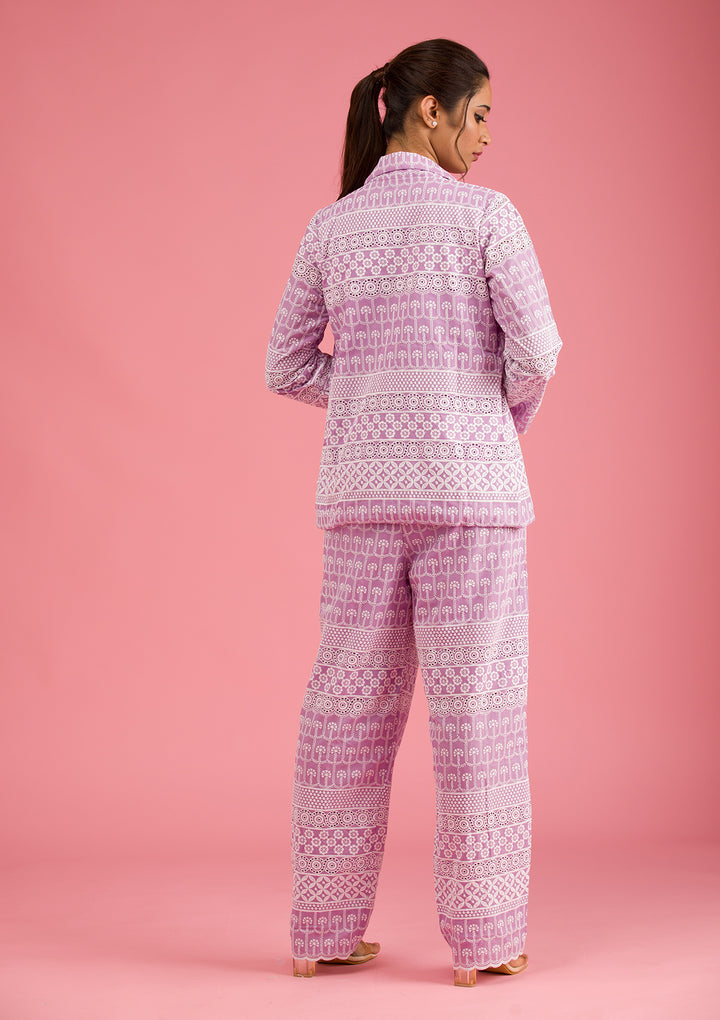 Lavender Threadwork Cotton Readymade Salwar Suit