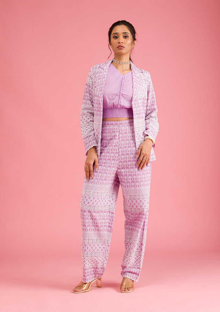 Lavender Threadwork Cotton Readymade Salwar Suit