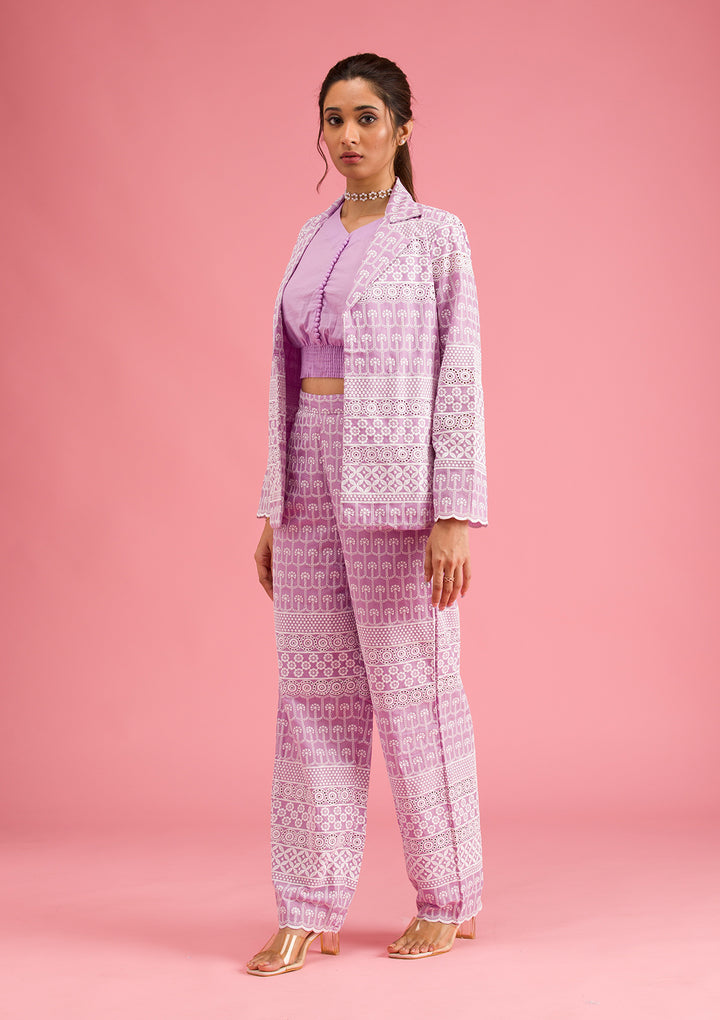 Lavender Threadwork Cotton Readymade Salwar Suit