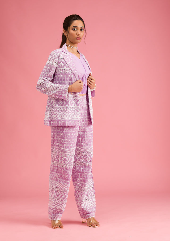 Lavender Threadwork Cotton Readymade Salwar Suit