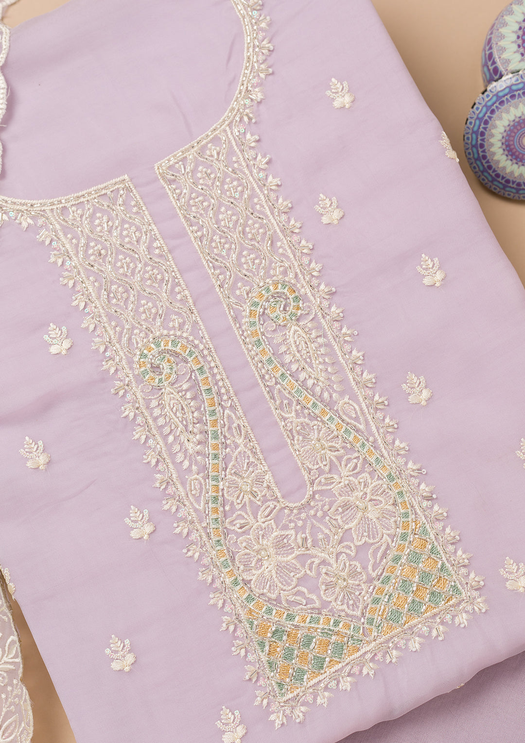 Lavender Threadwork Organza Unstitched Salwar Suit