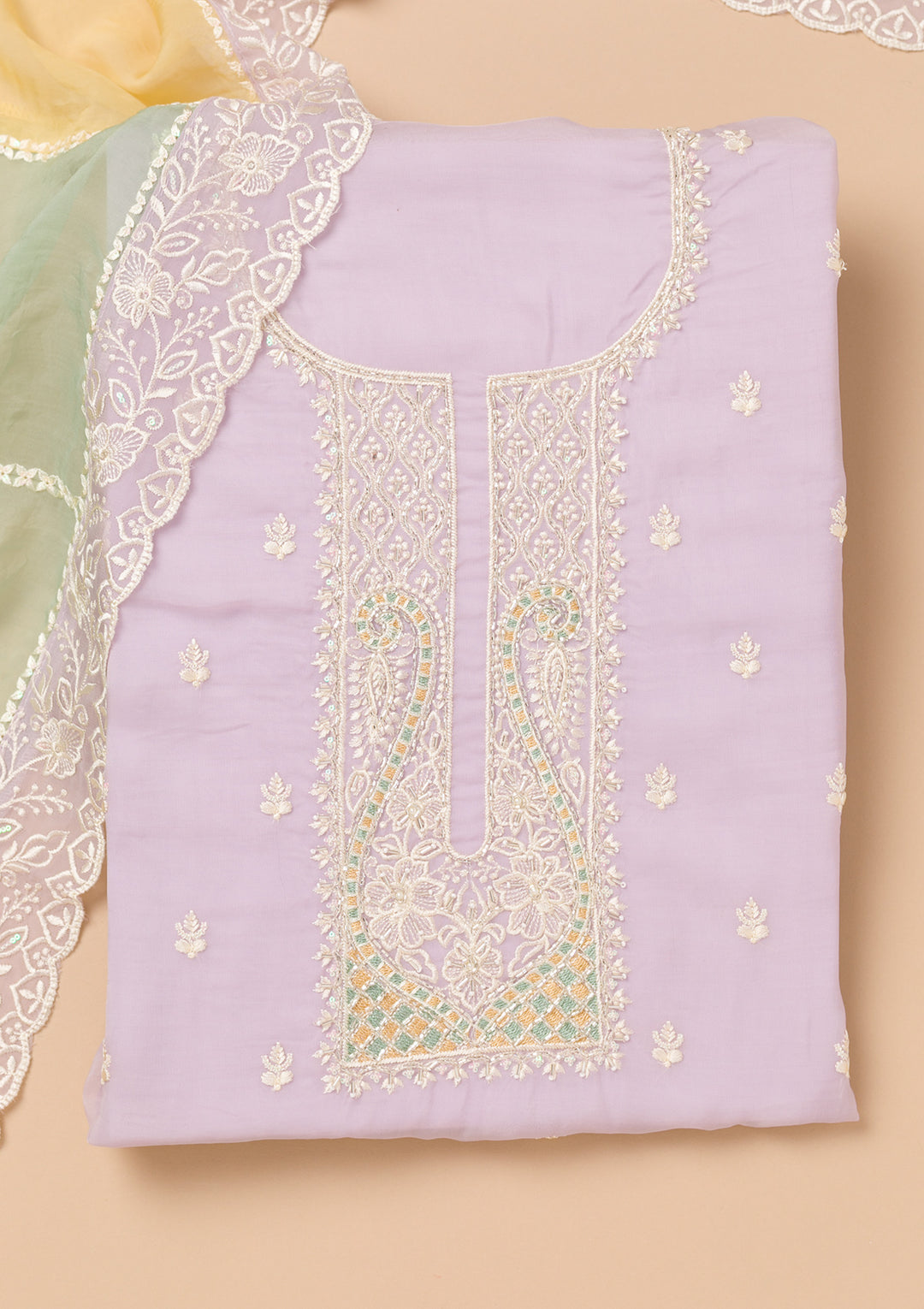 Lavender Threadwork Organza Unstitched Salwar Suit