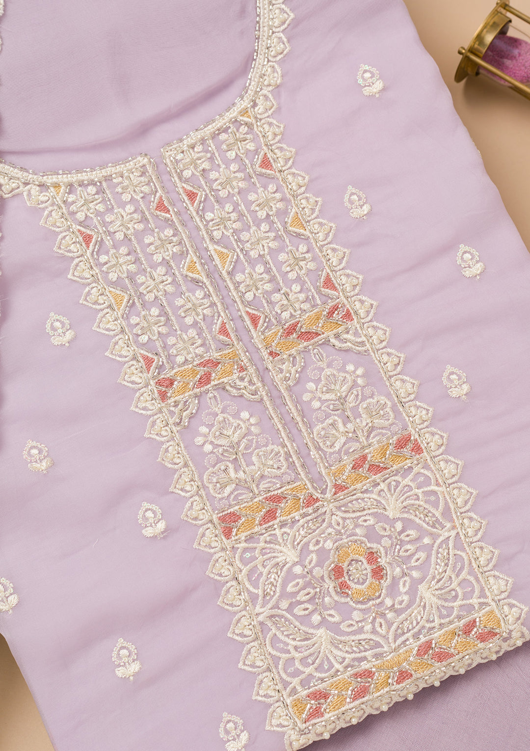 Lavender Threadwork Organza Unstitched Salwar Suit
