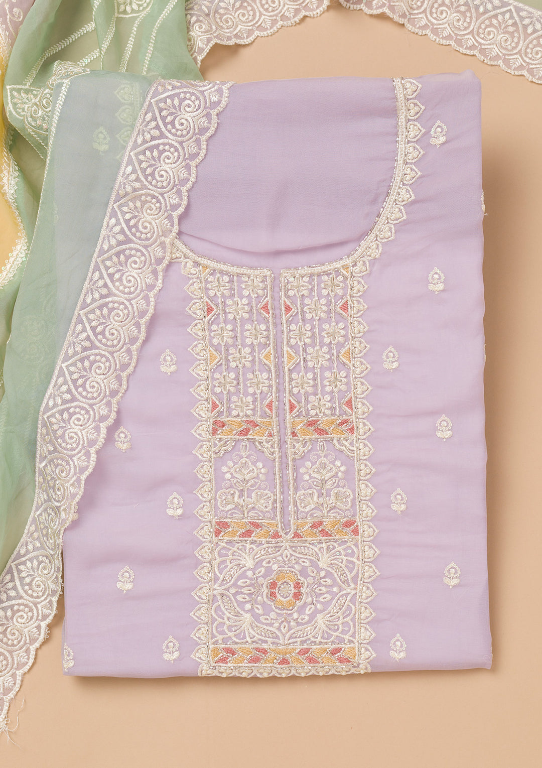 Lavender Threadwork Organza Unstitched Salwar Suit