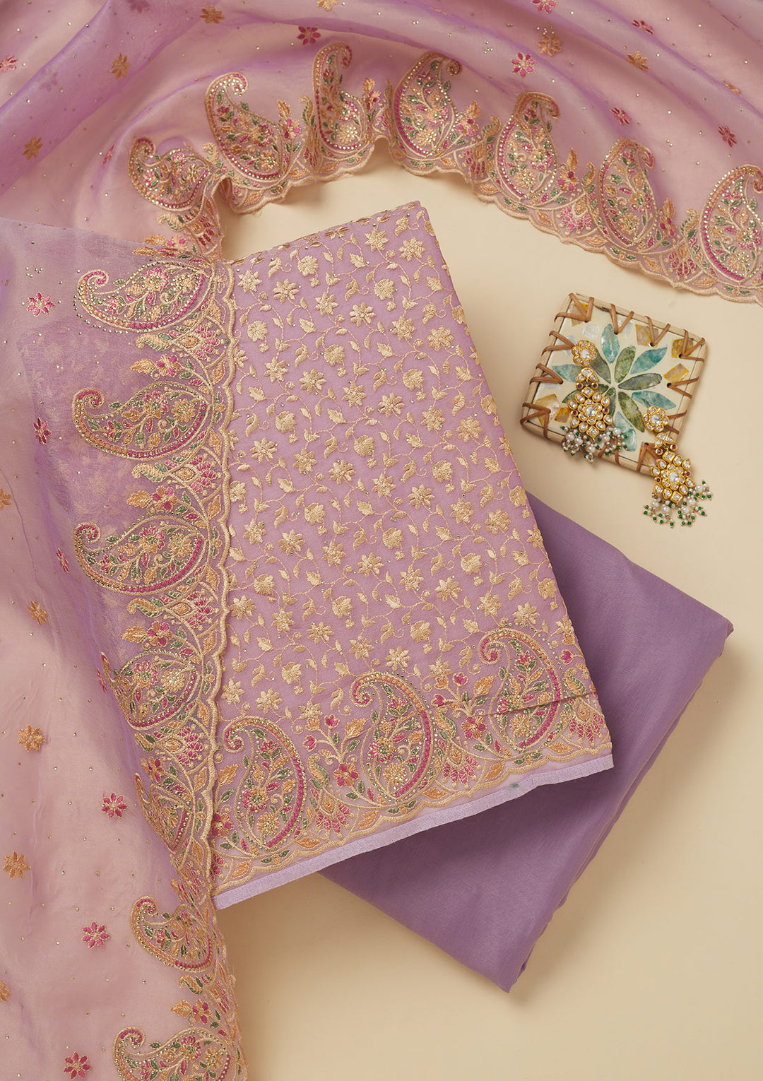 Lavender Georgette Sequins Unstitched Dress Material With Matching Bottom And Dupatta