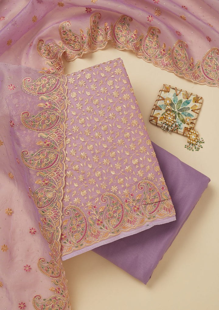 Lavender Georgette Sequins Unstitched Dress Material With Matching Bottom And Dupatta