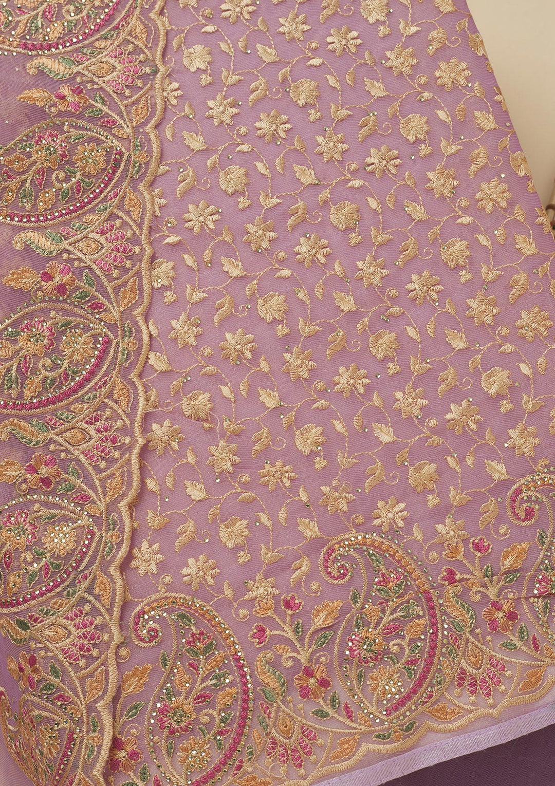 Lavender Georgette Sequins Unstitched Dress Material With Matching Bottom And Dupatta