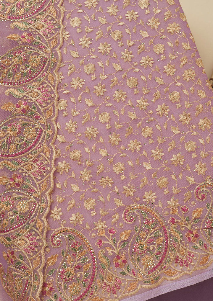 Lavender Georgette Sequins Unstitched Dress Material With Matching Bottom And Dupatta
