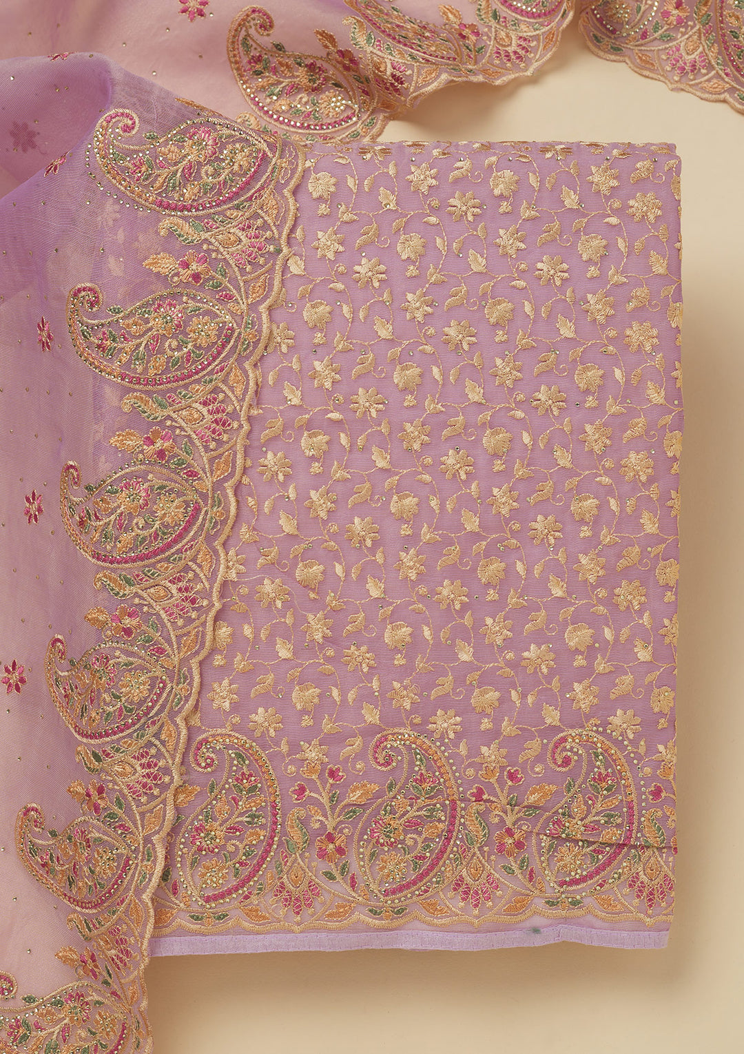 Lavender Georgette Sequins Unstitched Dress Material With Matching Bottom And Dupatta