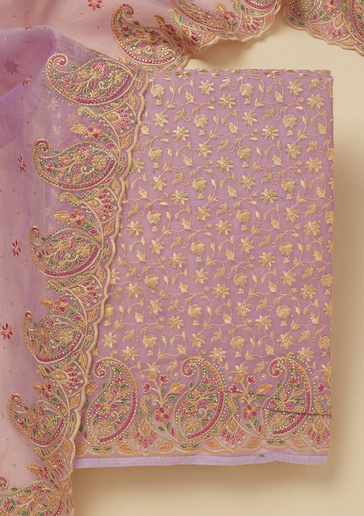 Lavender Georgette Sequins Unstitched Dress Material With Matching Bottom And Dupatta